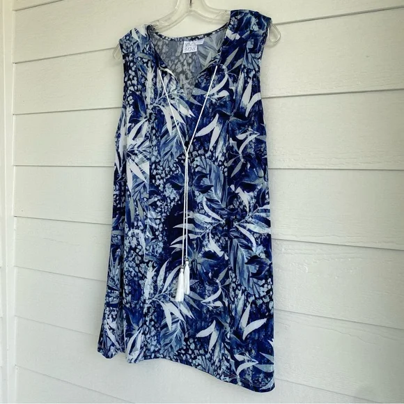 Beach Break Summer Tropical Dress Size Large Navy Blue White Cream Swim Cover-Up - Picture 4 of 11